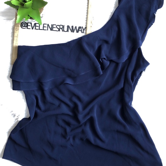Michael Kors One Sleeve Navy Ruffle Top - Picture 1 of 8